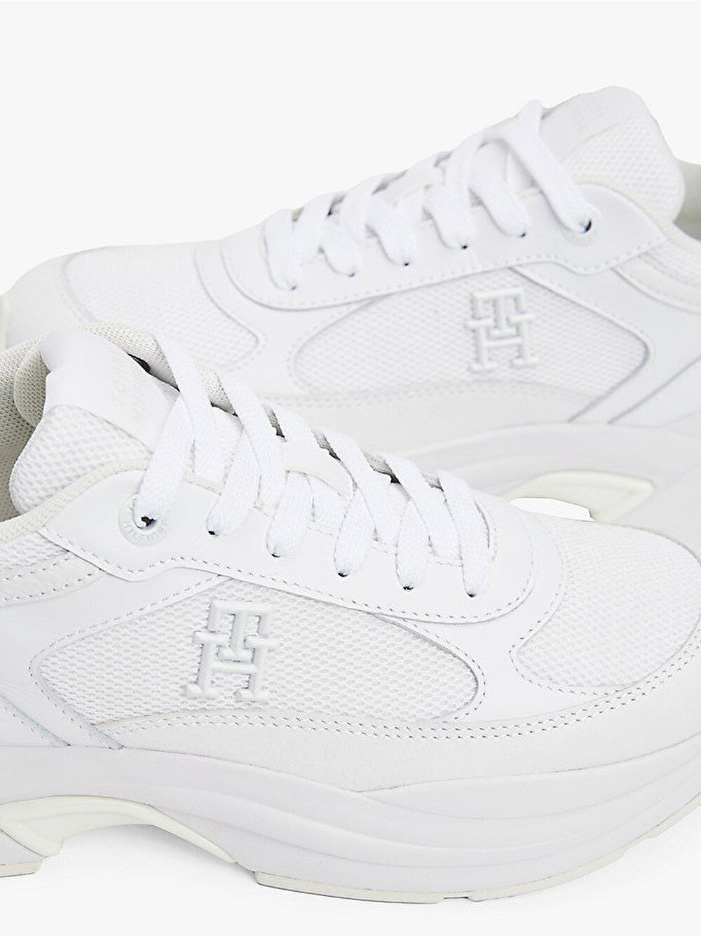 TOMMY HILFIGER Tommy Hilfiger Kadın Yüksek Taban Düşük Bilekli TH Monogram Logolu Deri Beyaz Sneaker FW0FW08474-YBS