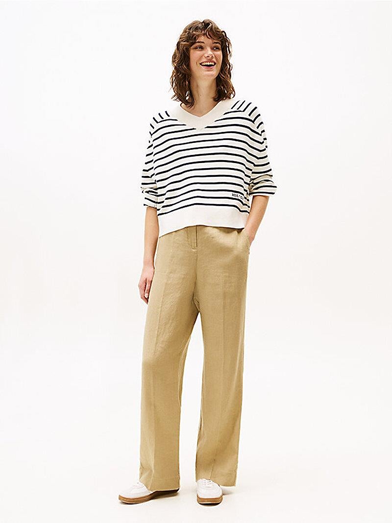 TOMMY HILFIGER Tommy Hilfiger Kadın Yüksek Bel Geniş Paça Cep Detay Rahat Düz Model Bej Pantolon WW0WW46823-AEH