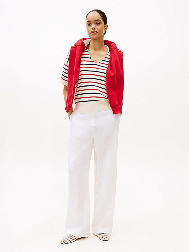 Tommy Hilfiger Tommy Hilfiger Kadın Yüksek Bel Geniş Paça Cep Detay Rahat Düz Model Beyaz Pantolon WW0WW46823-YCF