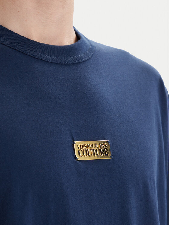 Versace Versace Erkek Metalik Logo Desenli Normal Kalıp Yuvarlak Yakalı Pamuklu Kısa Kollu Mavi-Gold T-Shirt 80GAHT05 CJ00T-G83