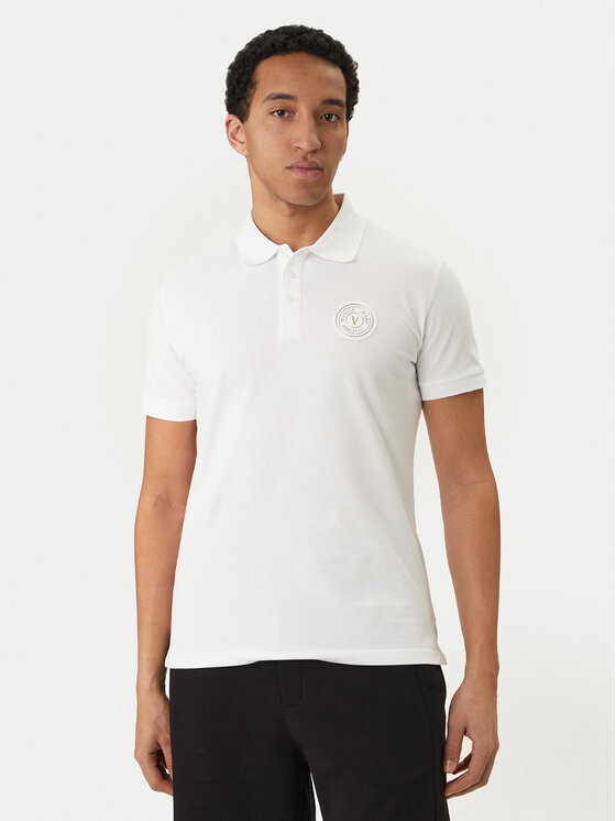 Versace Versace Erkek Normal Kalıp Logo Desenli Pamuklu Kısa Kollu Beyaz Polo Yaka T-Shirt 80GAGT19 CJ01T-G03