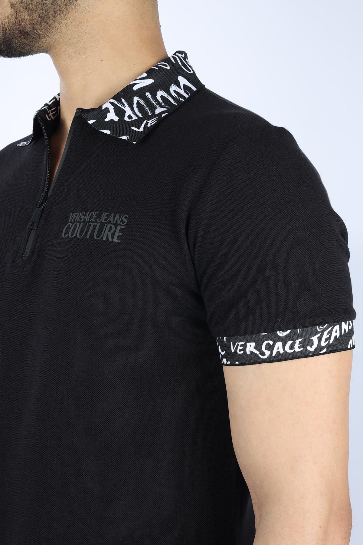 Versace Versace Erkek Polo Yaka Kısa Kollu Fermuar Detaylı Siyah Polo Yaka T-Shirt 78GAGT02CJ01T-899