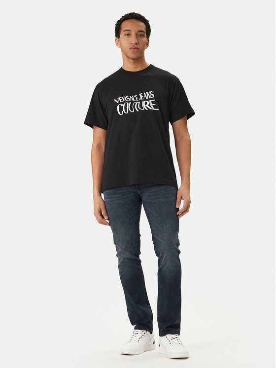 Versace Versace Erkek Regular Fit Logo Desenli Pamuklu Yuvarlak Yakalı Kısa Kollu Siyah T-Shirt 80GAHE04 CJ00E-899