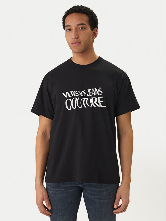 Versace Versace Erkek Regular Fit Logo Desenli Pamuklu Yuvarlak Yakalı Kısa Kollu Siyah T-Shirt 80GAHE04 CJ00E-899