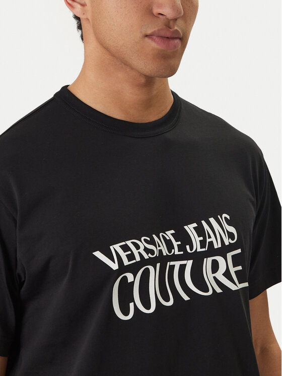 Versace Versace Erkek Regular Fit Logo Desenli Pamuklu Yuvarlak Yakalı Kısa Kollu Siyah T-Shirt 80GAHE04 CJ00E-899