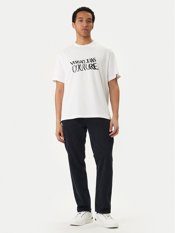 Versace Versace Erkek Regular Fit Logo Desenli Pamuklu Yuvarlak Yakalı Kısa Kollu Beyaz T-Shirt 80GAHE04 CJ00E-003