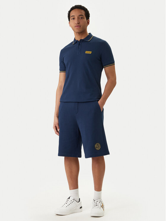 Versace Versace Erkek Regular Fit Pamuklu Kolarında Şerit Desenli Kısa Kollu Mavi-Gold T-Shirt 80GAGT05 CJ01T-G83