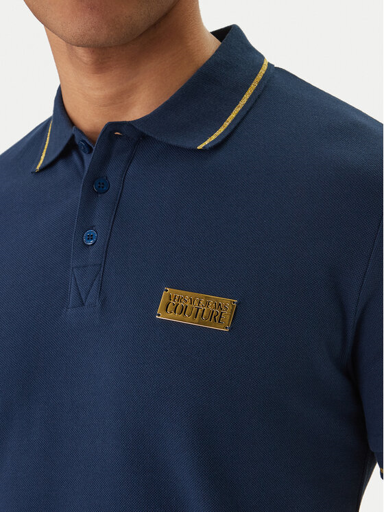 Versace Versace Erkek Regular Fit Pamuklu Kolarında Şerit Desenli Kısa Kollu Mavi-Gold T-Shirt 80GAGT05 CJ01T-G83