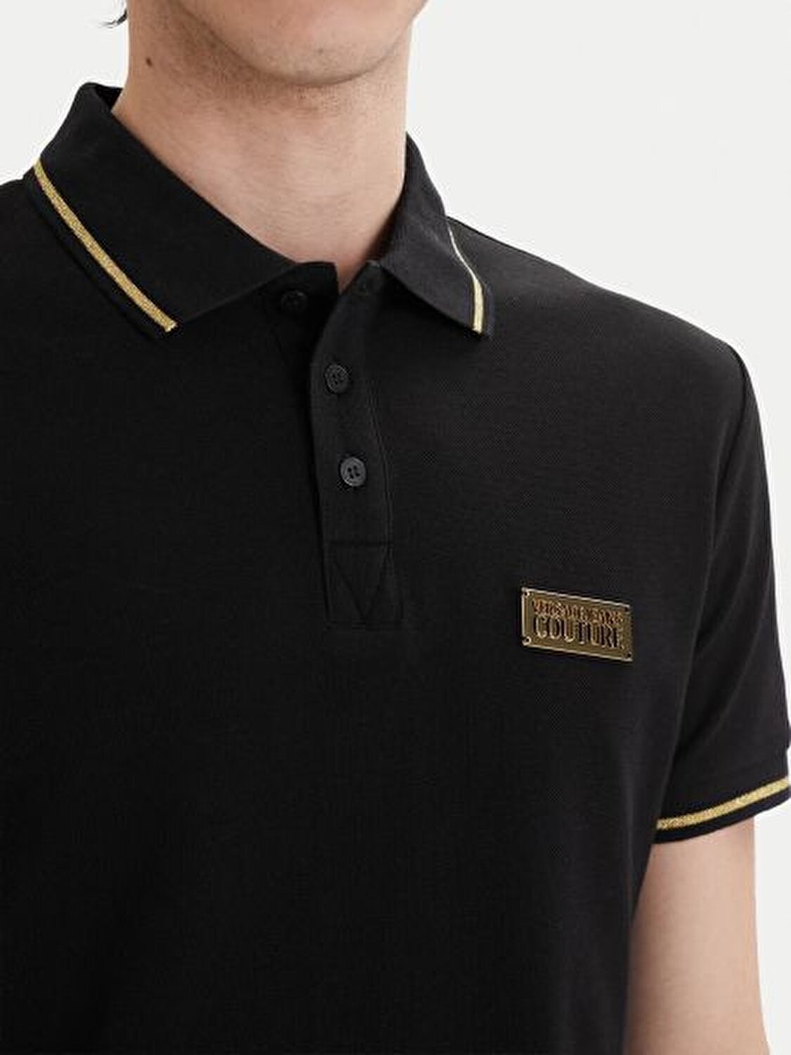 Versace Versace Erkek Regular Fit Pamuklu Kolarında Şerit Desenli Kısa Kollu Siyah T-Shirt 80GAGT05 CJ01T-G89