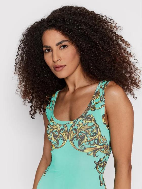Versace Versace Kadın Desenli Slim Fit Yuvarlak Yaka Midi Yeşil Elbise 72HAO946 JS051-G12