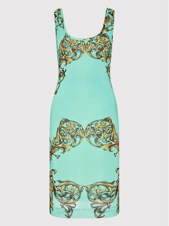 Versace Versace Kadın Desenli Slim Fit Yuvarlak Yaka Midi Yeşil Elbise 72HAO946 JS051-G12