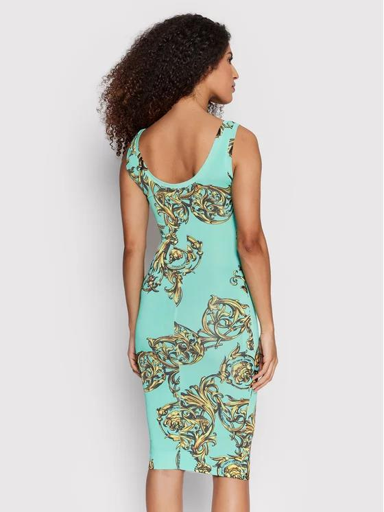 Versace Versace Kadın Desenli Slim Fit Yuvarlak Yaka Midi Yeşil Elbise 72HAO946 JS051-G12