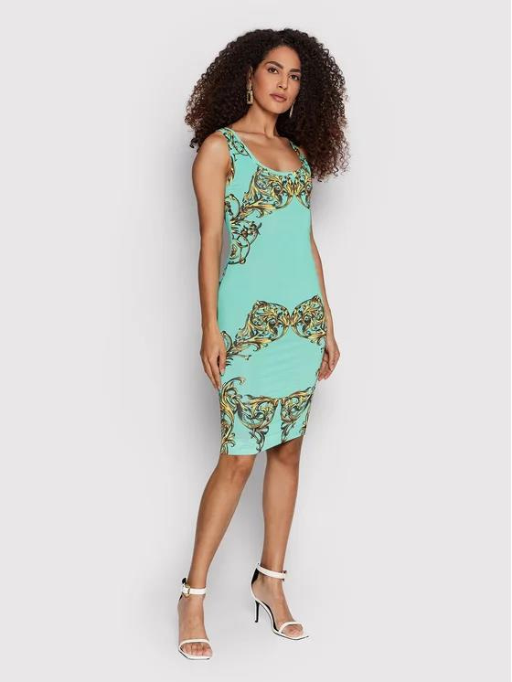Versace Versace Kadın Desenli Slim Fit Yuvarlak Yaka Midi Yeşil Elbise 72HAO946 JS051-G12