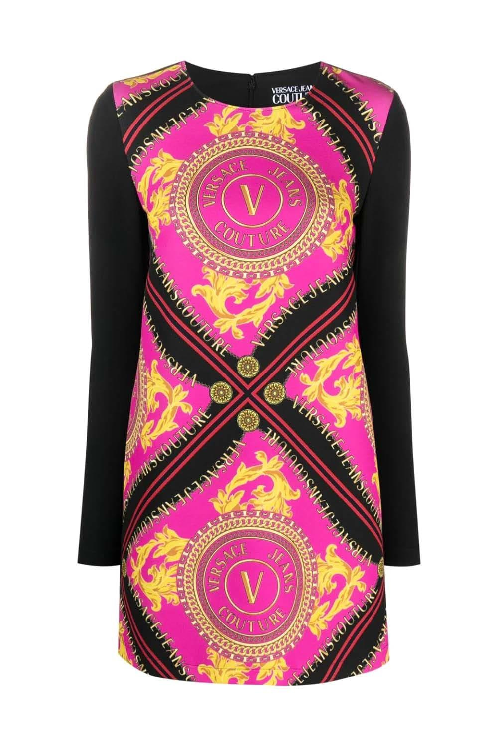 Versace Versace Kadın Desenli Yuvarlak Yaka  Uzun Kol Siyah-Pembe Elbise 75HAO921NS355-QC6