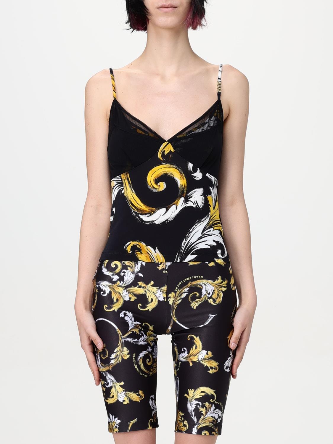 Versace Versace Kadın İnce Askı Derin Dekolte Renkli Şekil Desenli Siyah Bluz 78HAM212JS471-G89