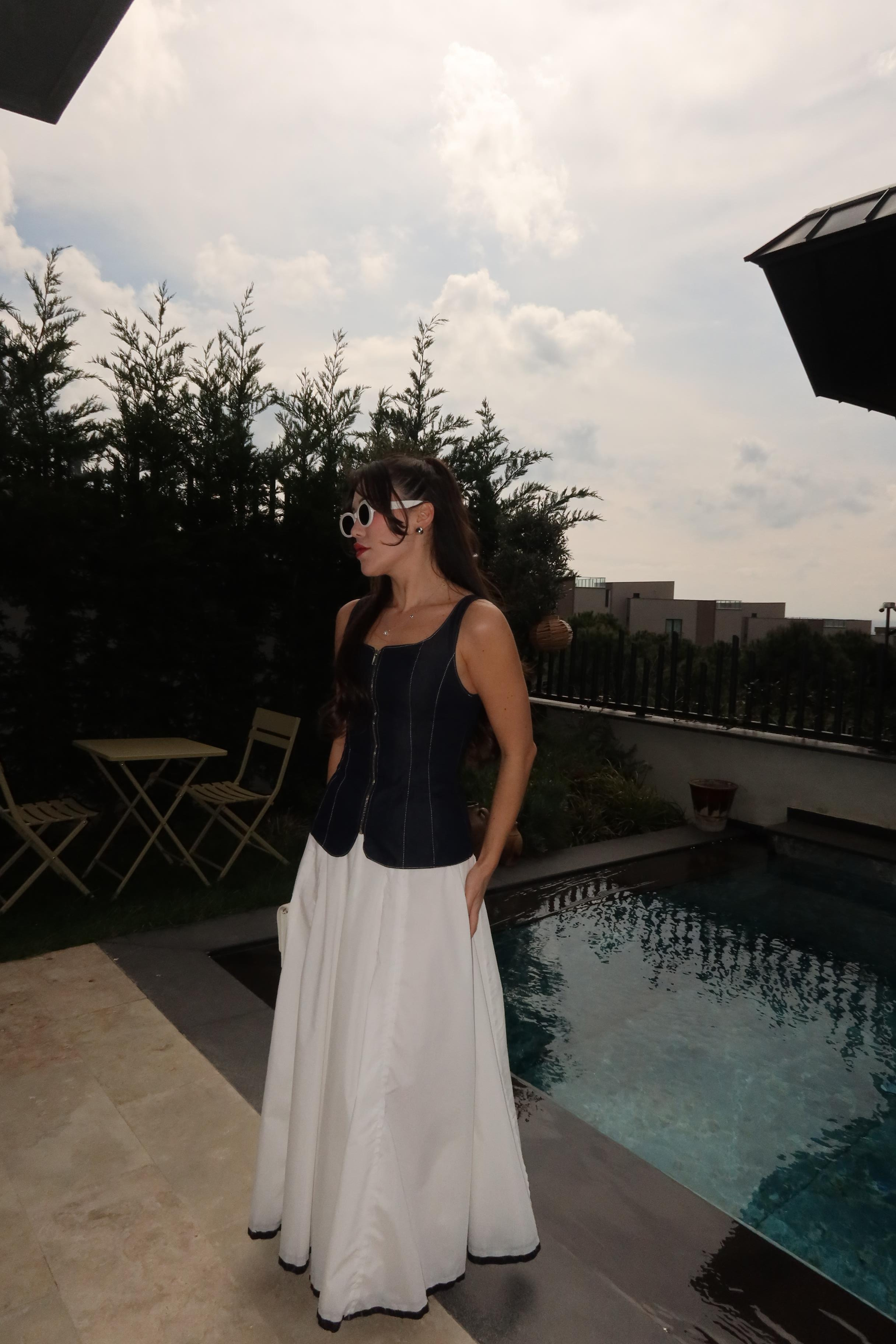 Dikiş Detaylı Fermuarlı Denim Yelek