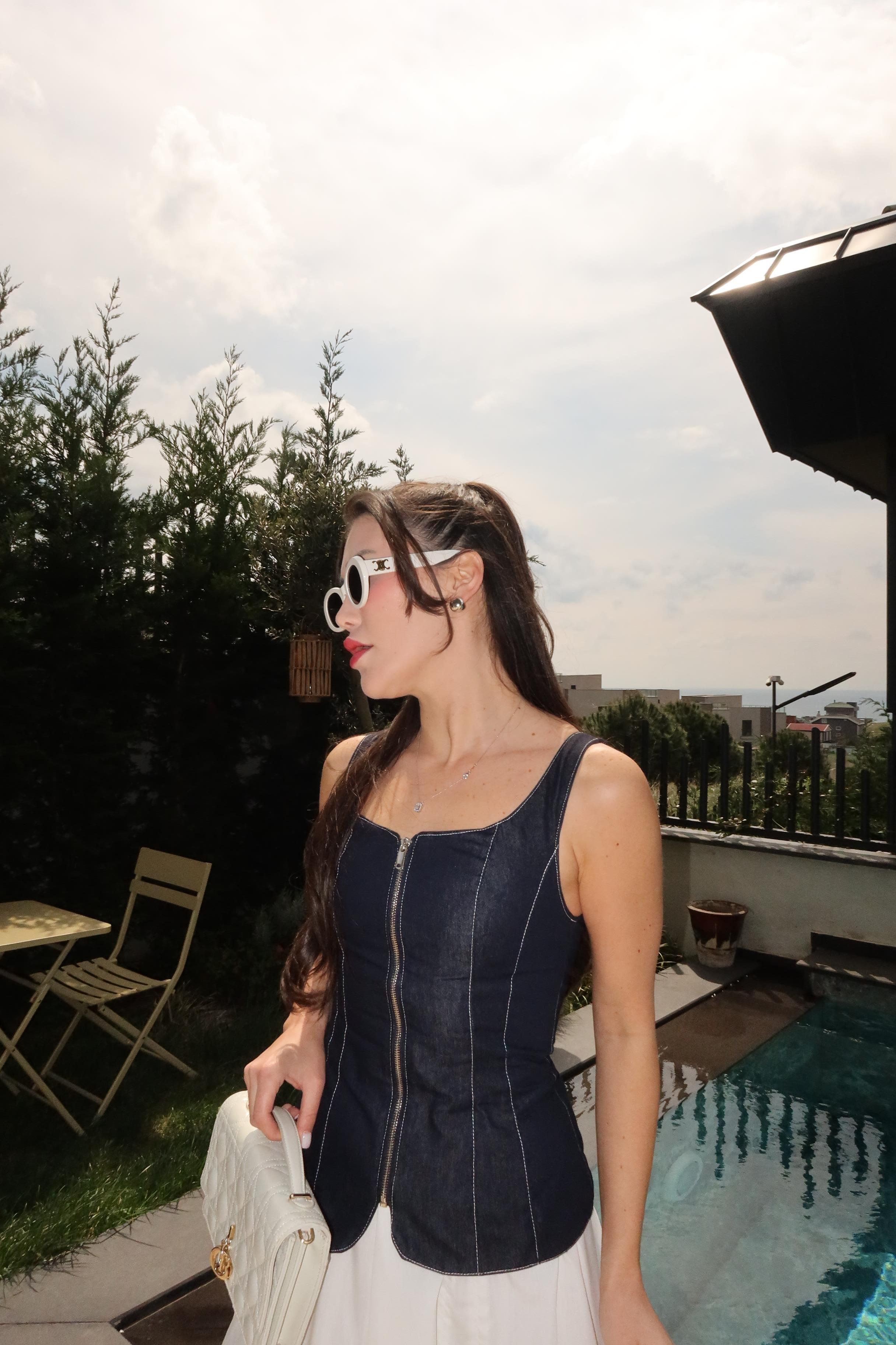 Dikiş Detaylı Fermuarlı Denim Yelek