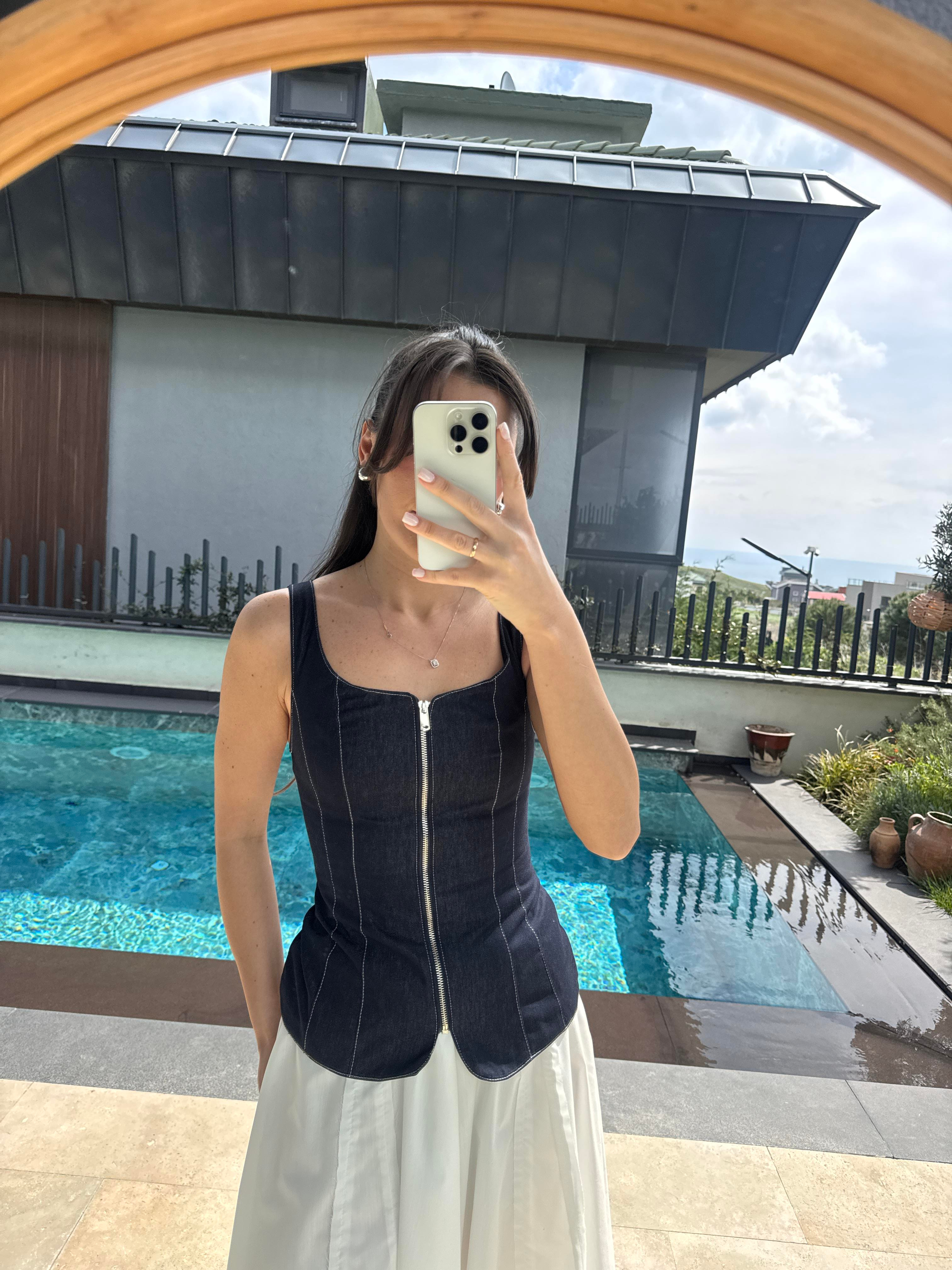 Dikiş Detaylı Fermuarlı Denim Yelek