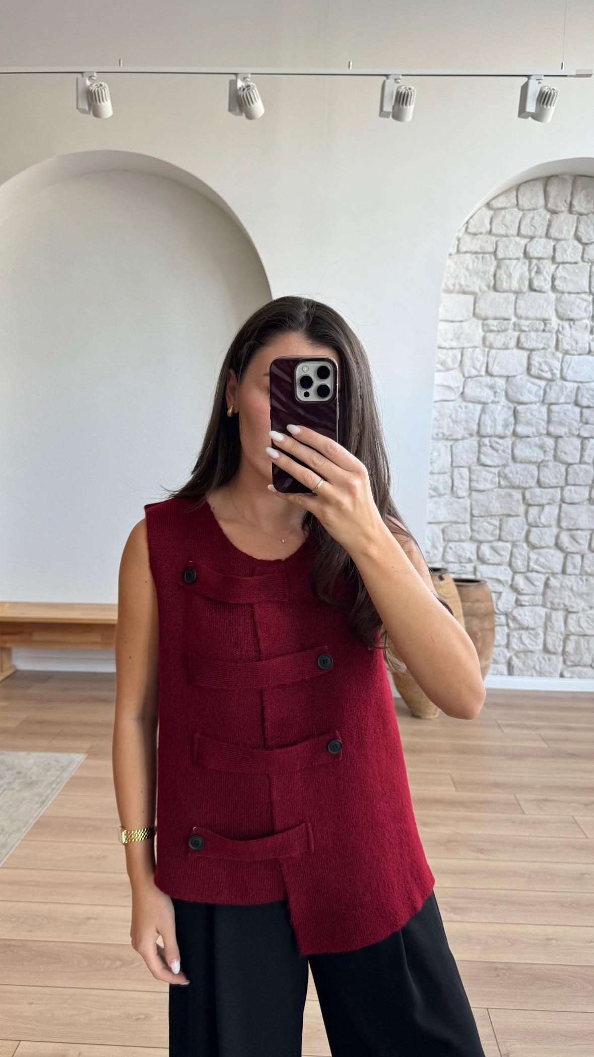 Vista Düğmeli Bordo Yelek