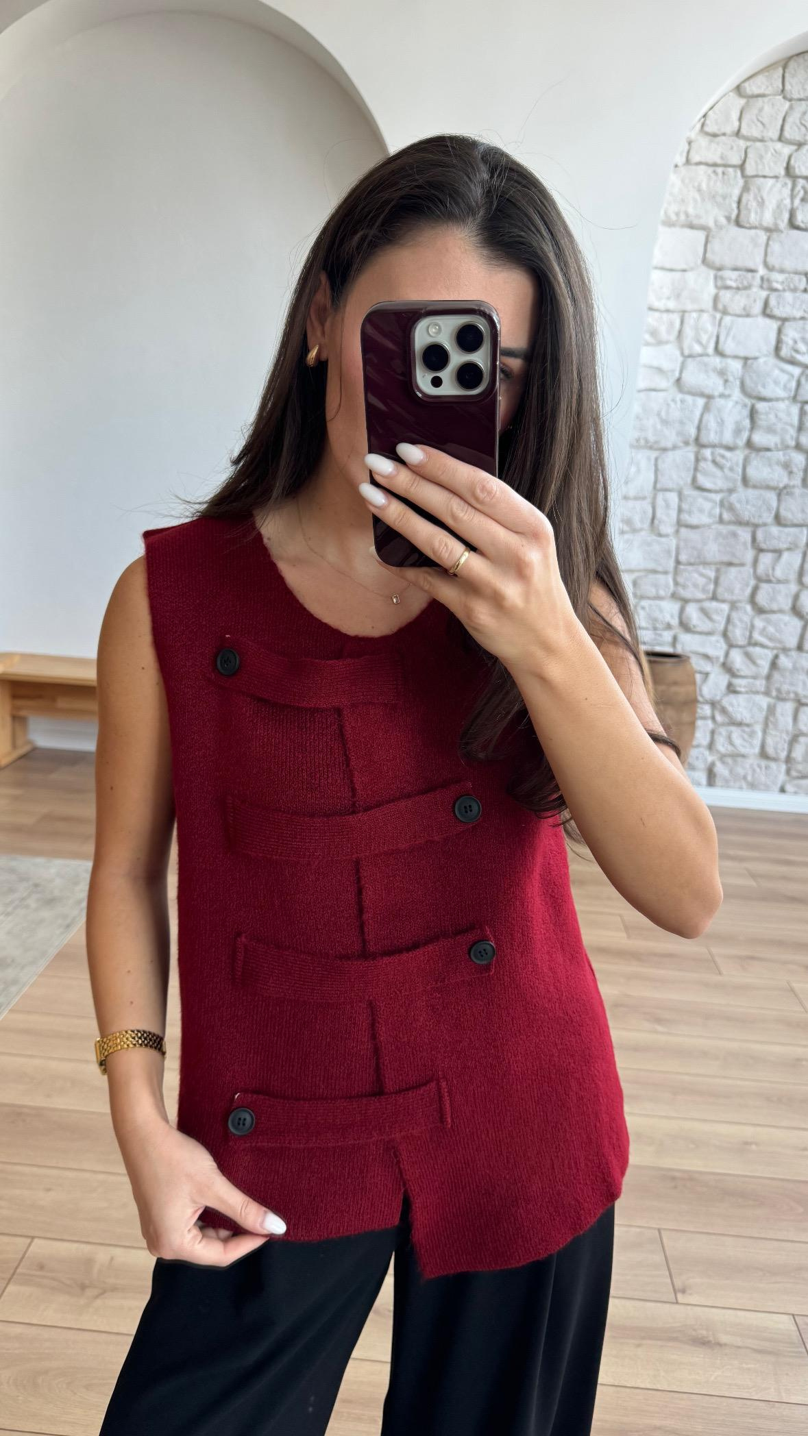 Vista Düğmeli Bordo Yelek