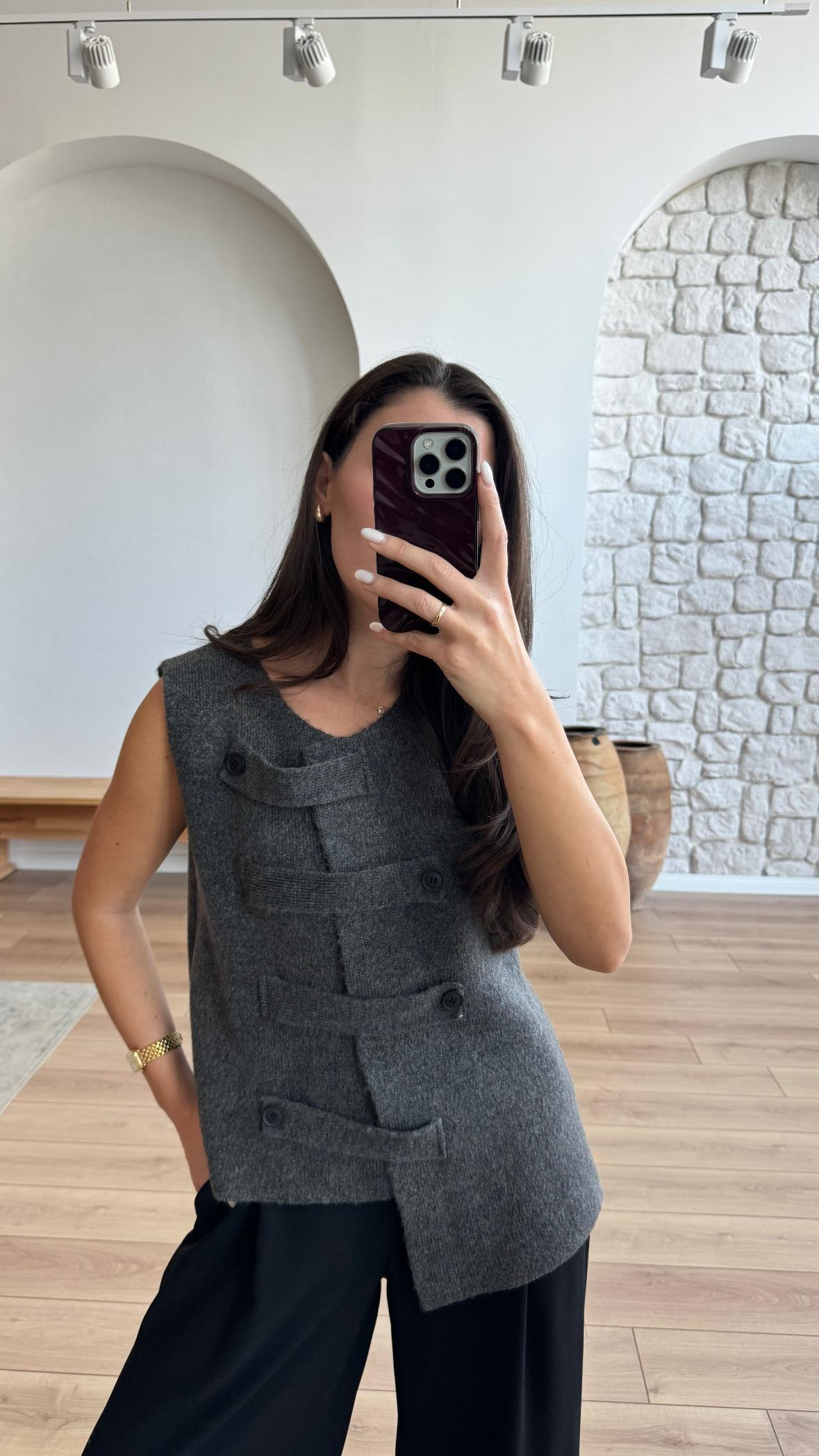 Vista Düğmeli Gri Yelek