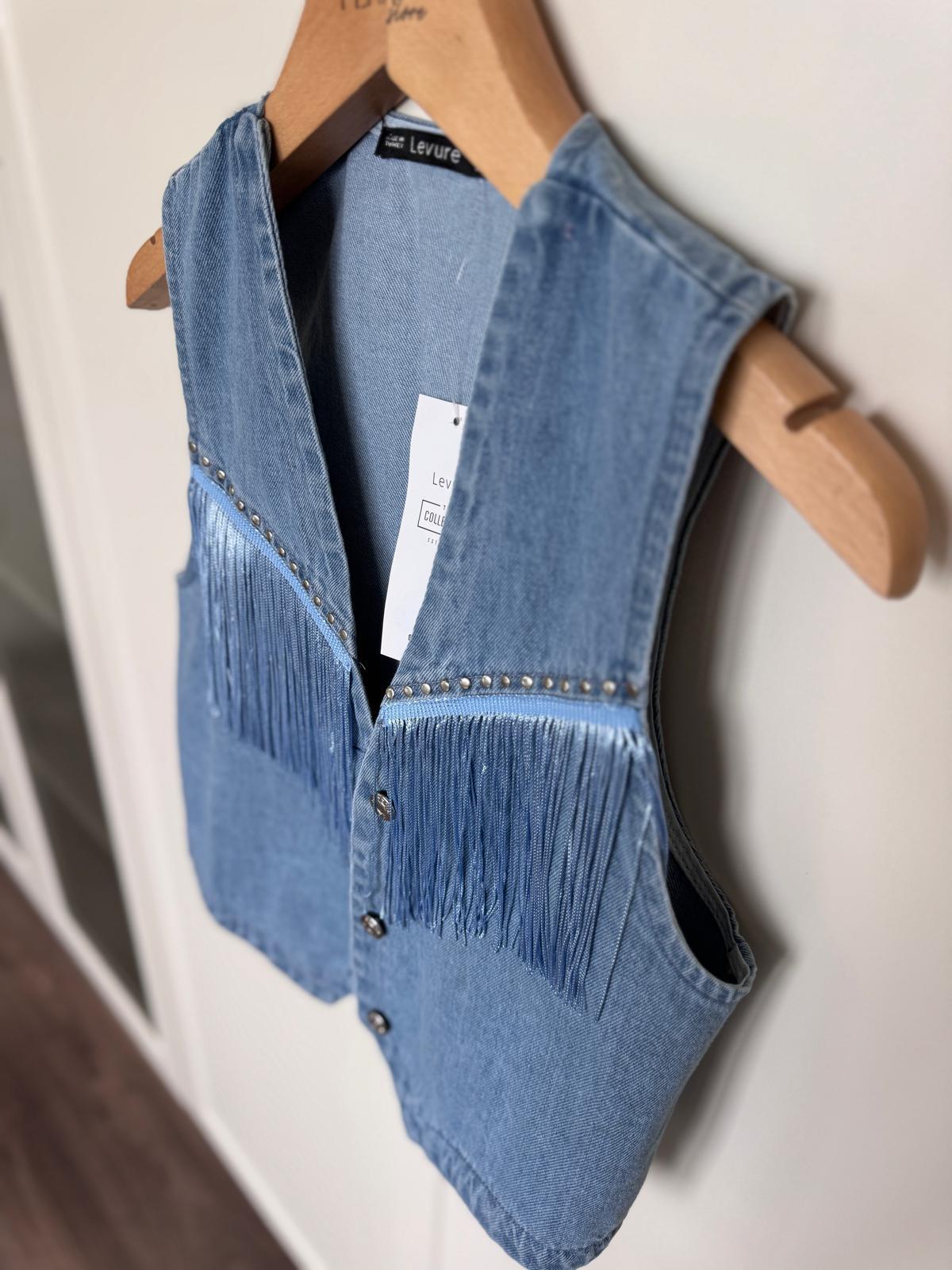 Zımba Ve Püskül Detaylı Denim Yelek