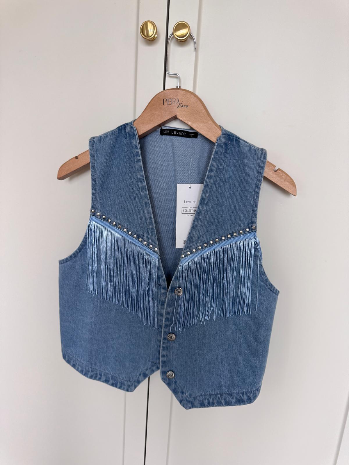 Zımba Ve Püskül Detaylı Denim Yelek