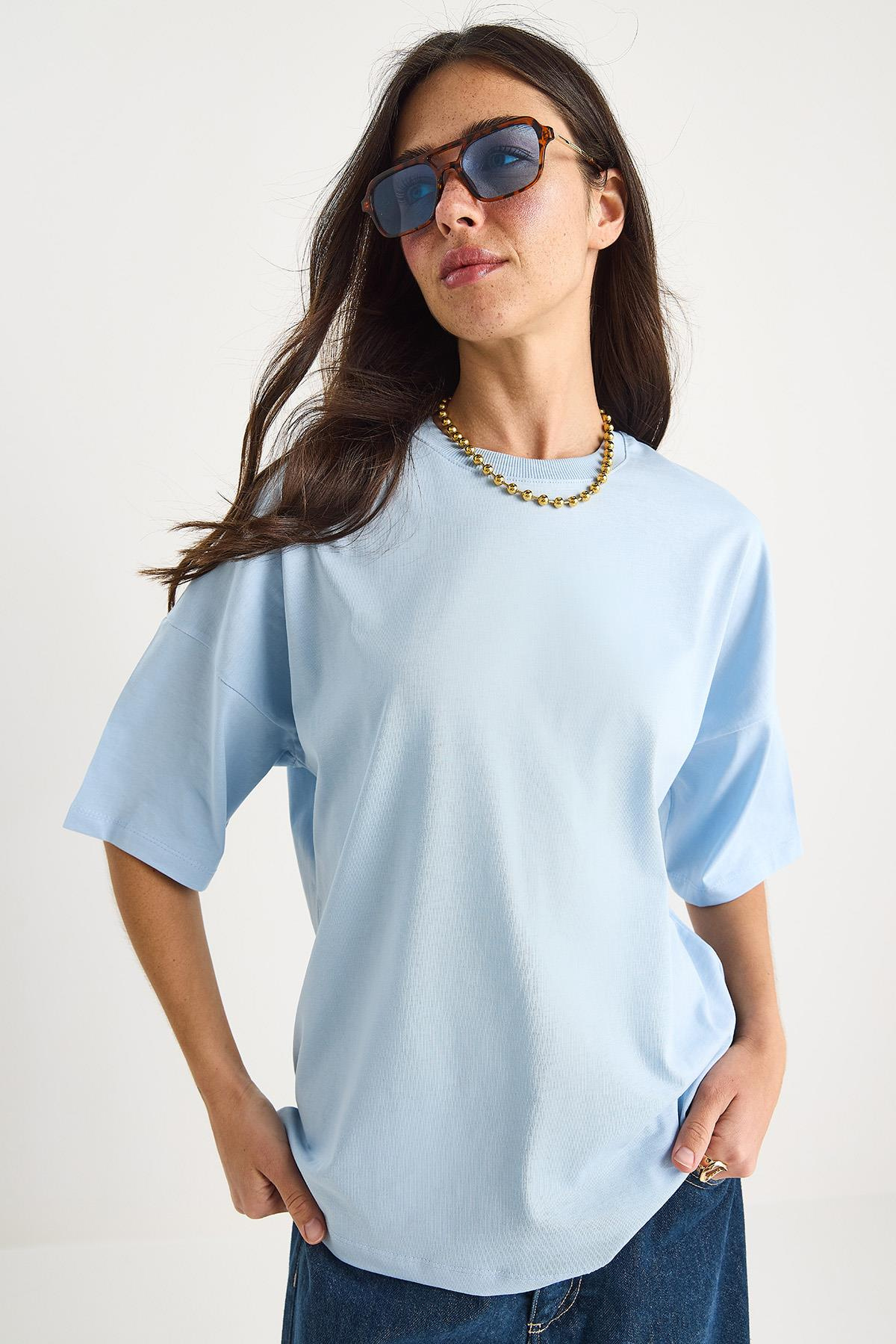 %100 Organik Pamuk Oversize Basic T-Shirt 60602065 - Bebe Mavisi