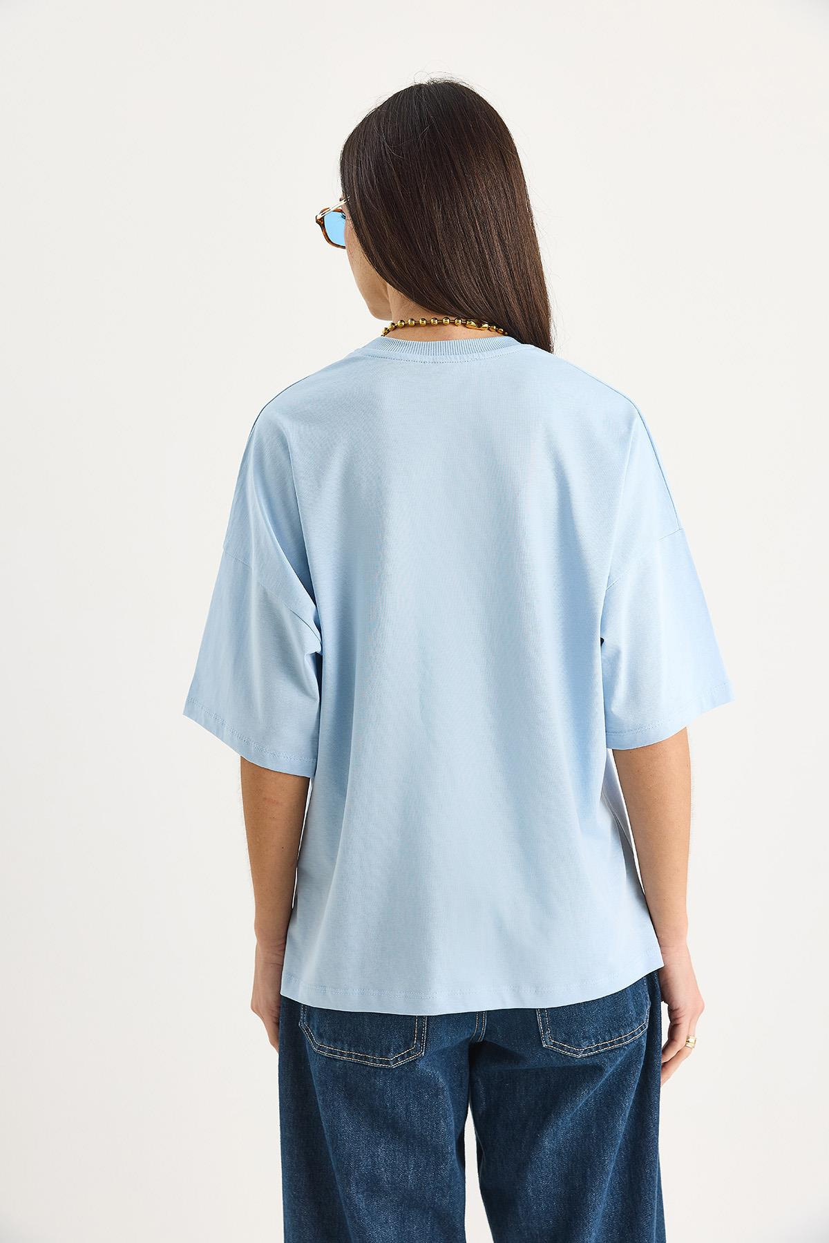 %100 Organik Pamuk Oversize Basic T-Shirt 60602065 - Bebe Mavisi