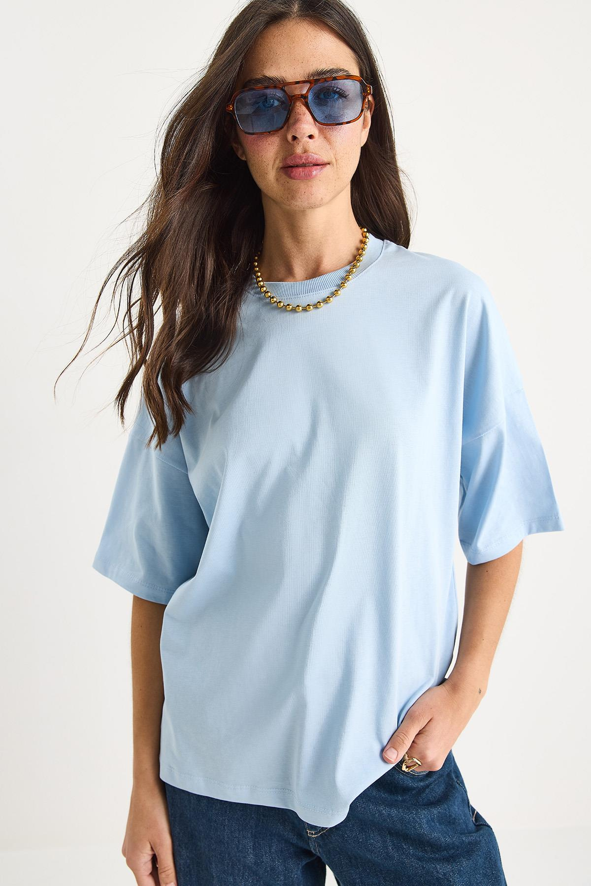 %100 Organik Pamuk Oversize Basic T-Shirt 60602065 - Bebe Mavisi
