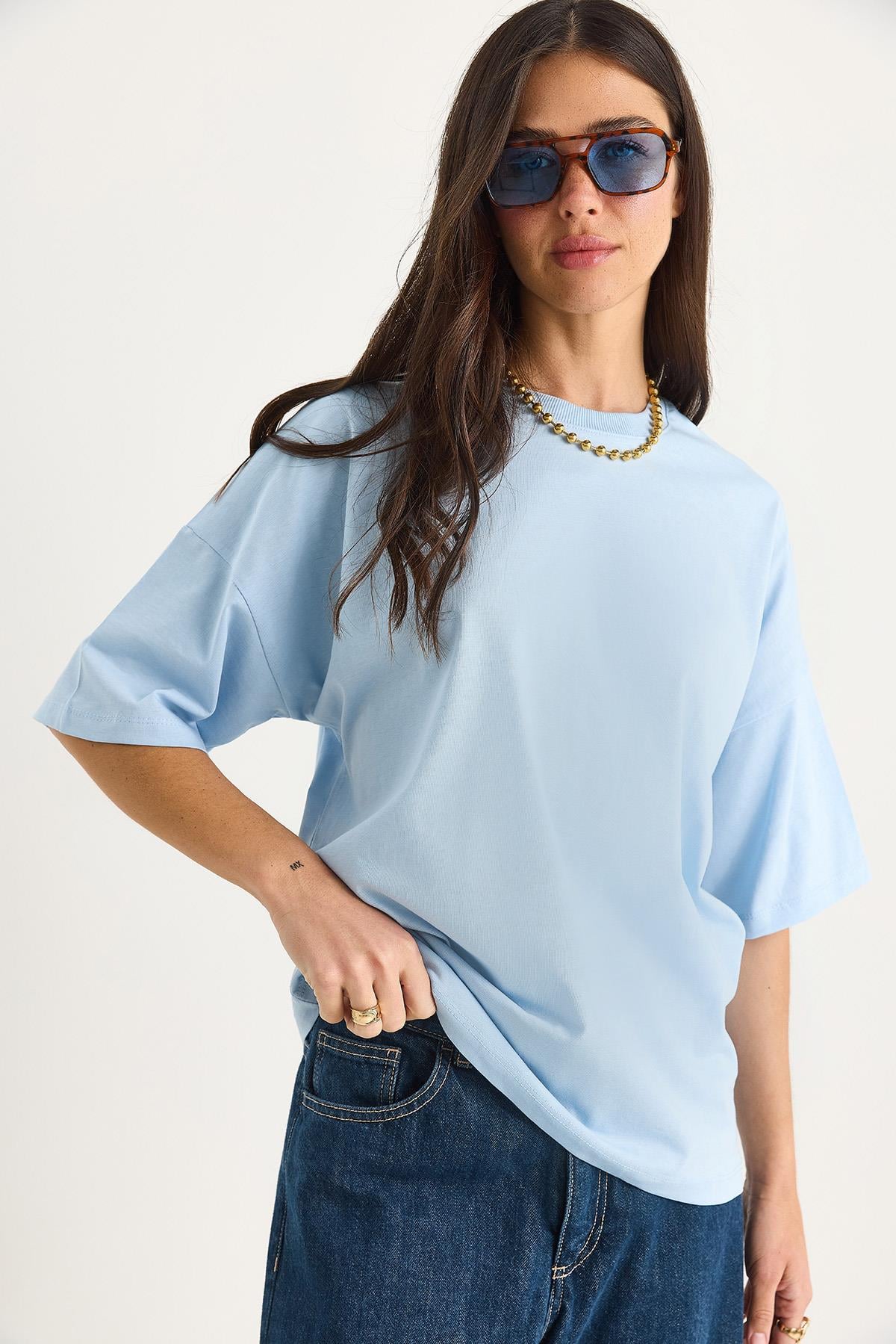 %100 Organik Pamuk Oversize Basic T-Shirt 60602065 - Bebe Mavisi