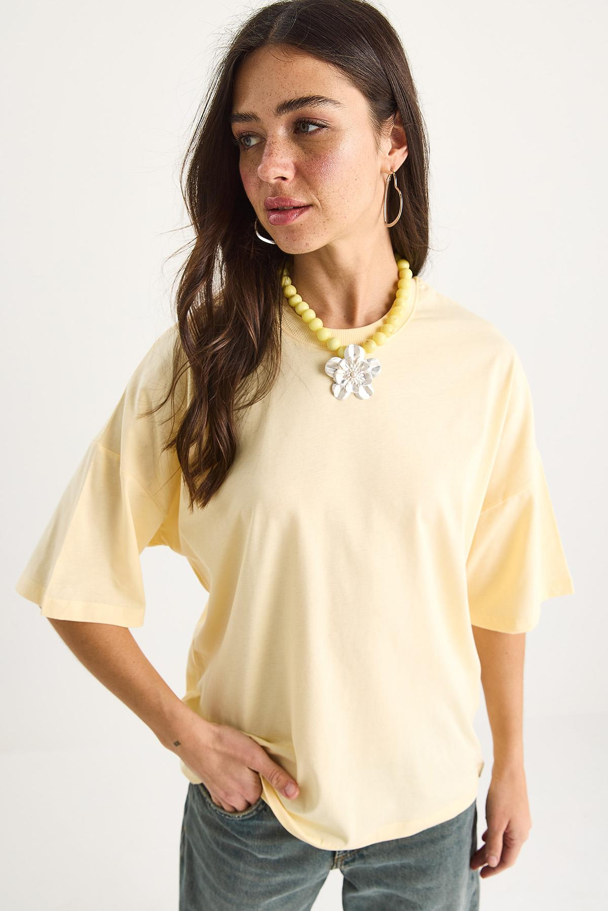 %100 Organik Pamuk Oversize Basic T-Shirt 60602065 - Tereyağ