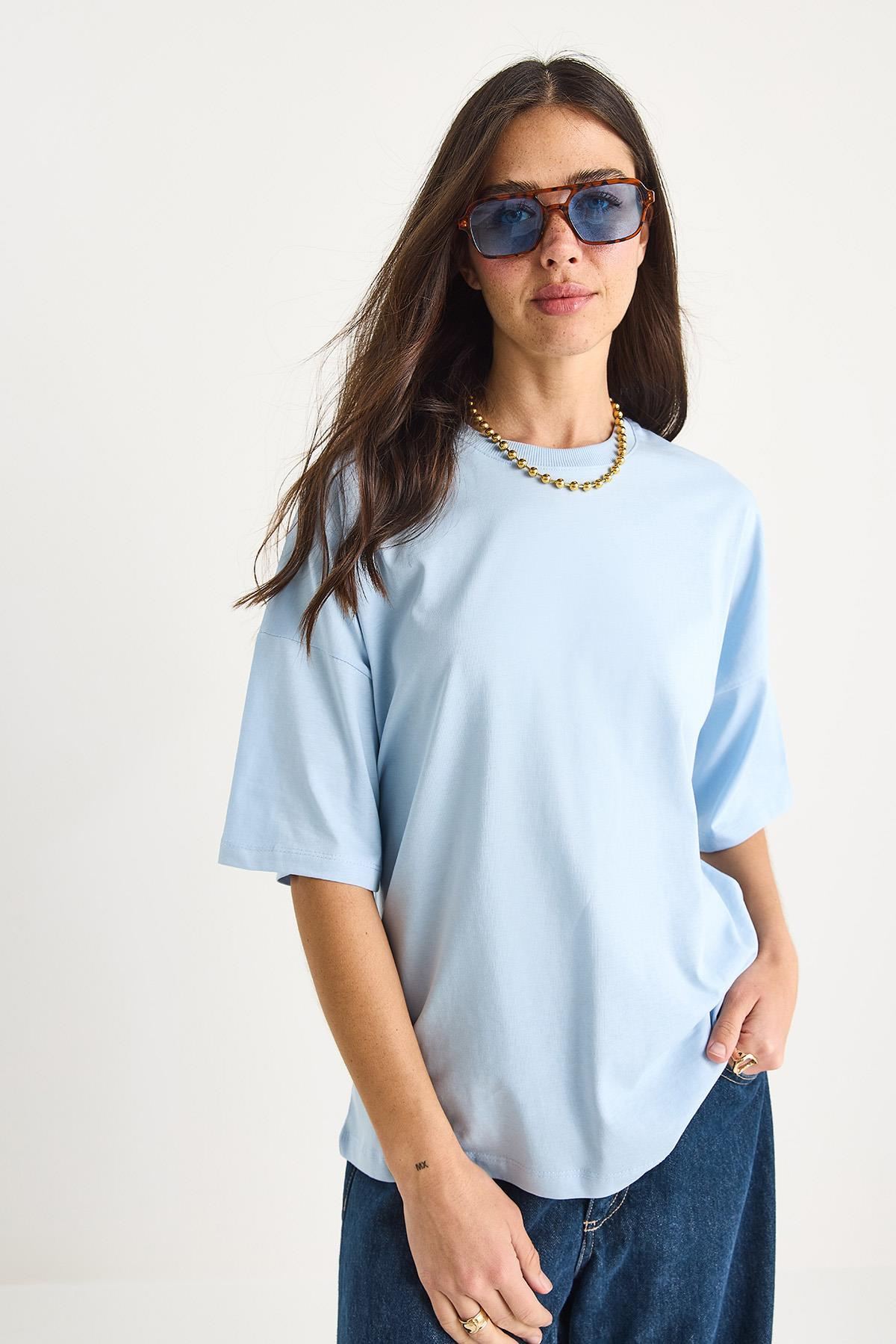 %100 Organik Pamuk Oversize Basic T-Shirt 60602065 - Bebe Mavisi