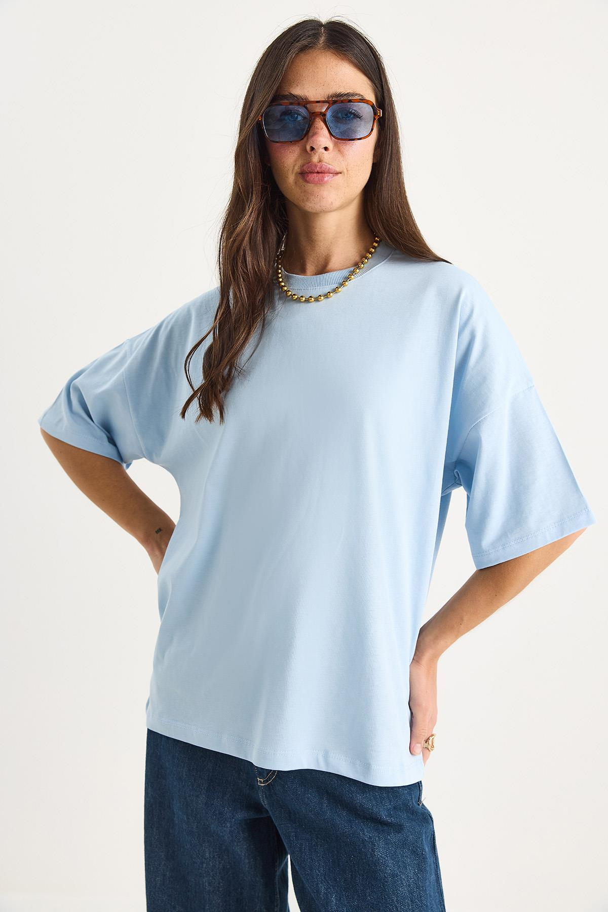 %100 Organik Pamuk Oversize Basic T-Shirt 60602065 - Bebe Mavisi