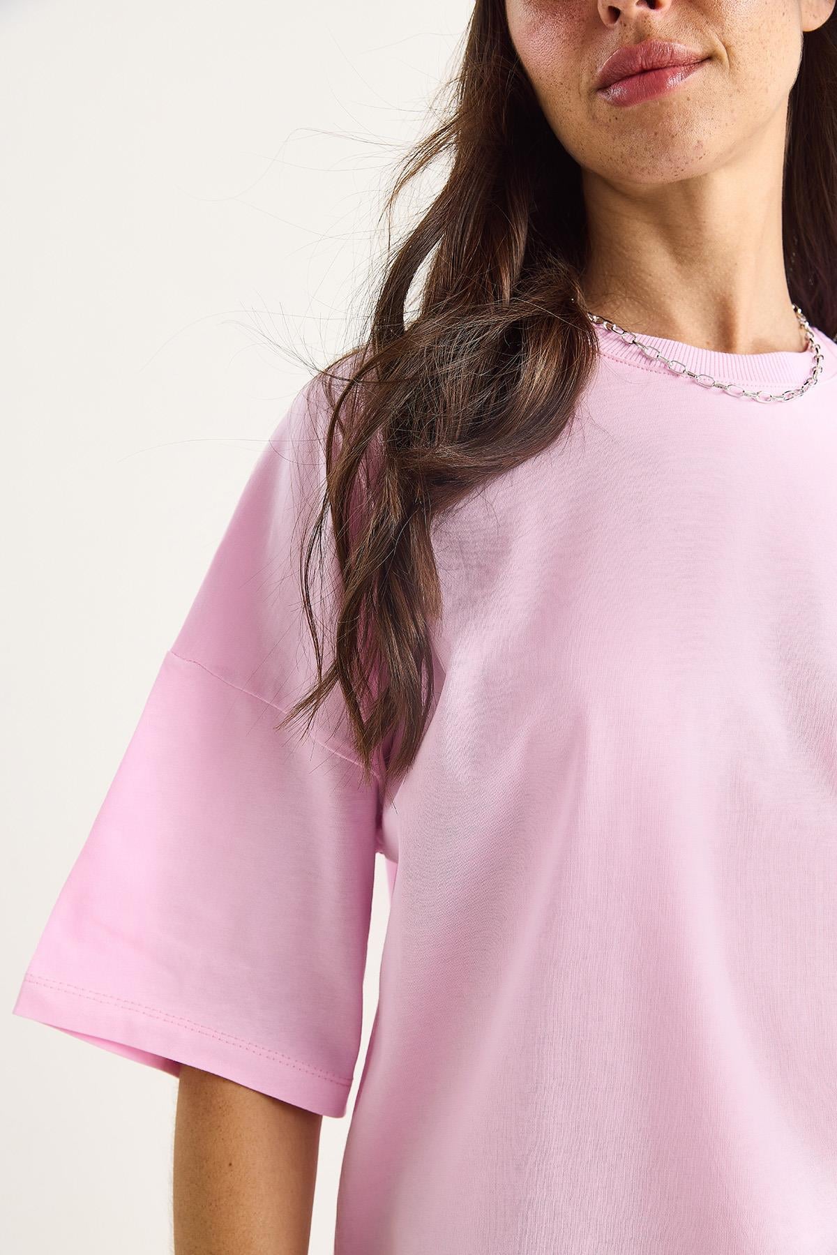 %100 Organik Pamuk Oversize Basic T-Shirt 60602065 - Şeker Pembe