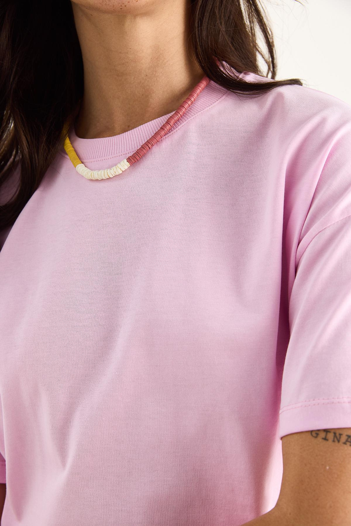 %100 Organik Pamuk Relaxed Fit Yırtmaçlı Yuvarlak Yakalı T-Shirt 60602050 - Pembe
