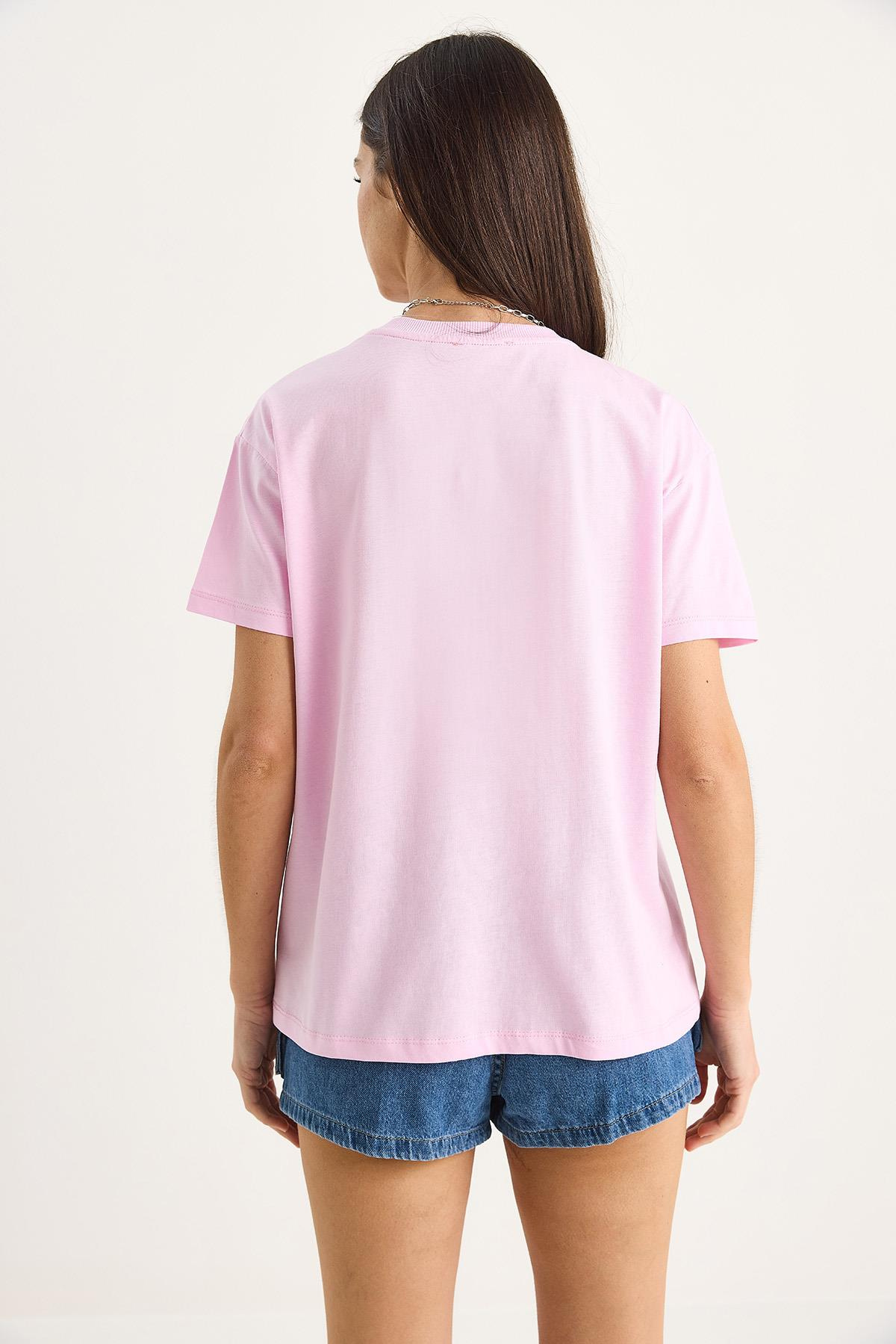 %100 Pamuk Bisiklet Yaka Palmiye Taş Aksesuarlı Rahat Kalıp T-Shirt 60602067 - Şeker Pembe