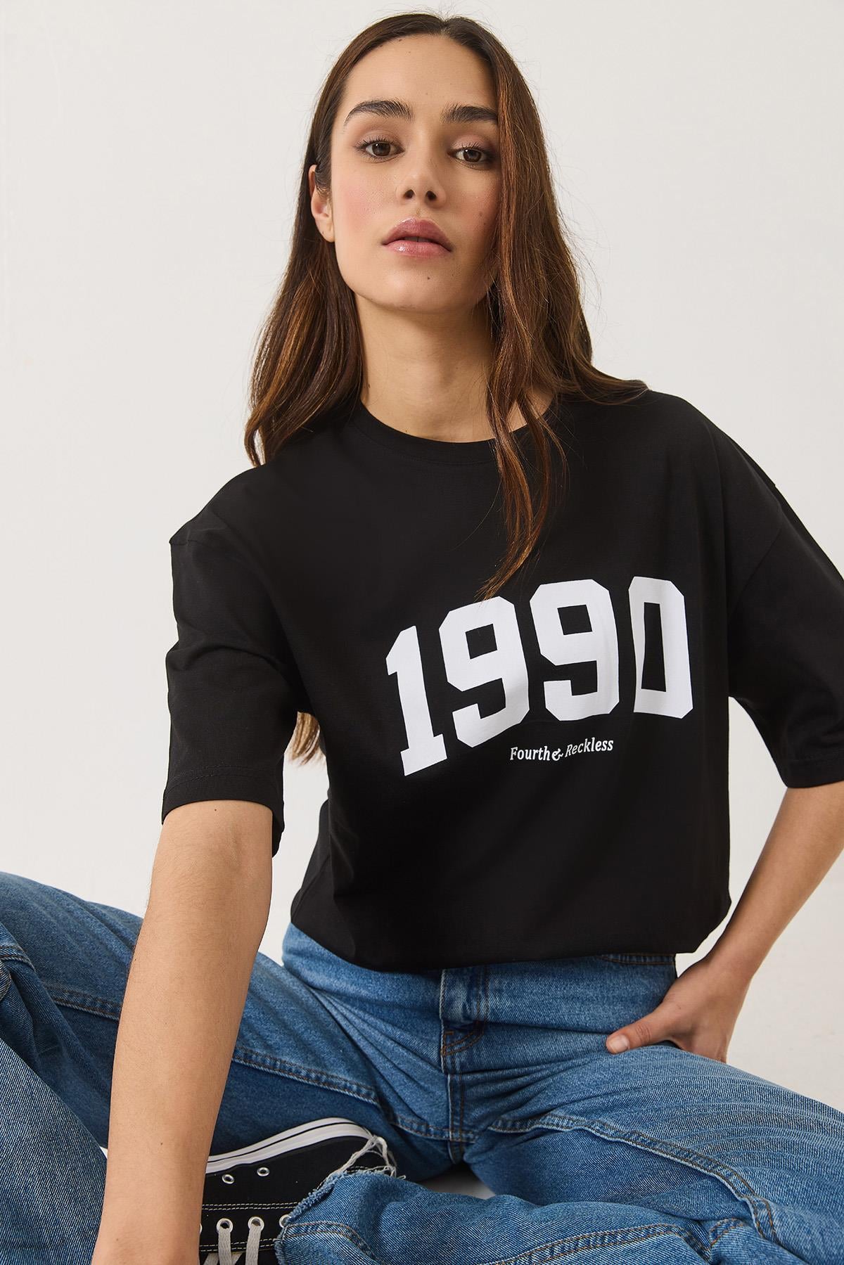 1990 Baskılı Bisiklet Yaka Kısa Kollu Oversize Basic T-Shirt 0266 60283159 - Siyah