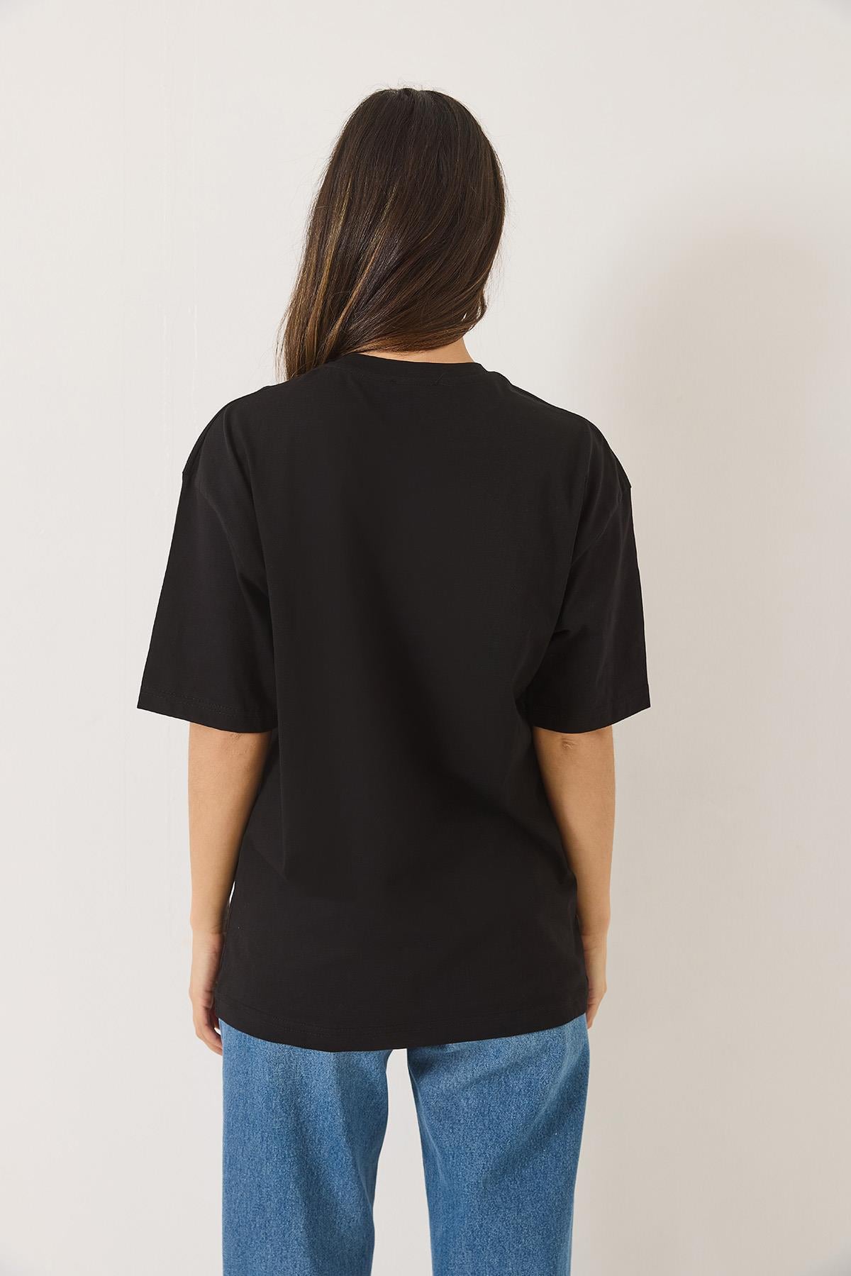 1990 Baskılı Bisiklet Yaka Kısa Kollu Oversize Basic T-Shirt 0266 60283159 - Siyah