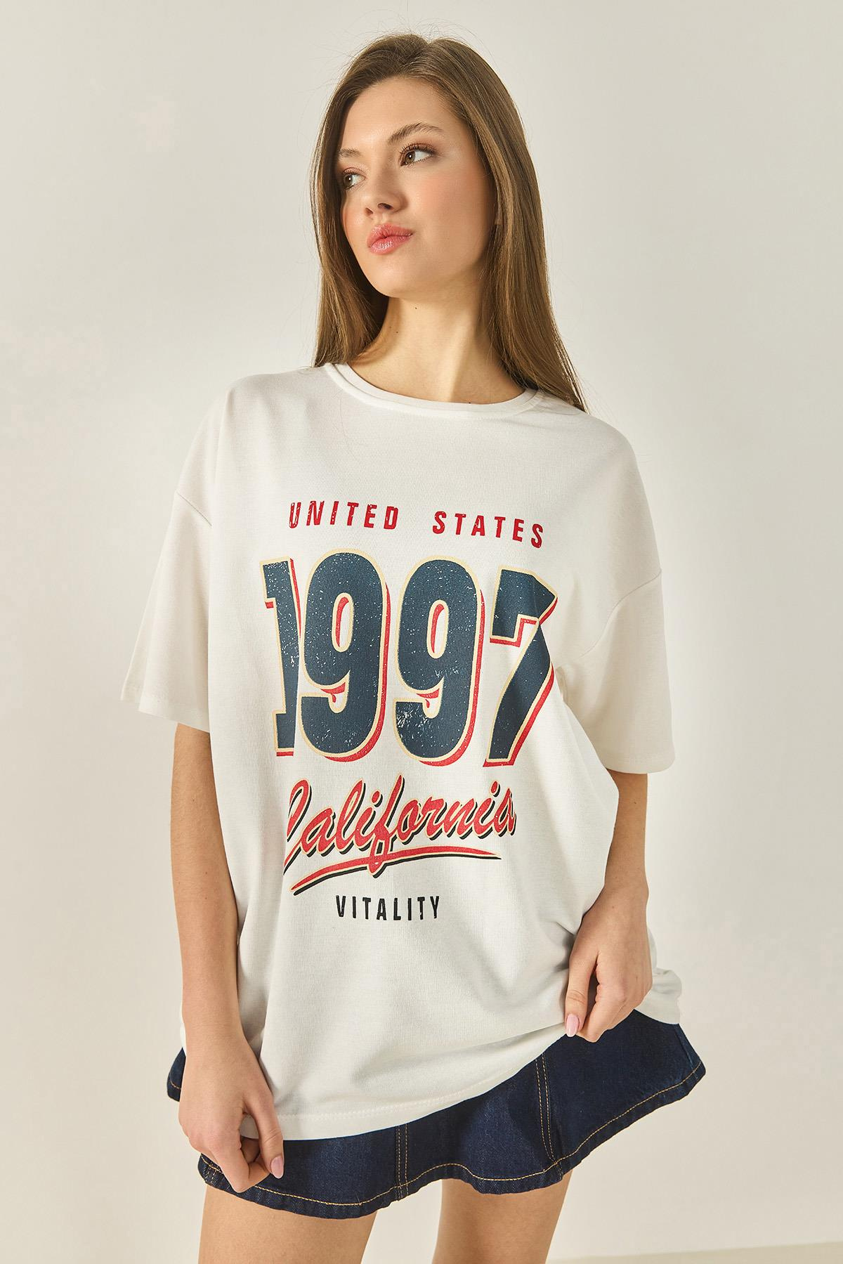 1997 Baskılı Pamuklu Oversize T-Shirt 3056 60284048 - Beyaz