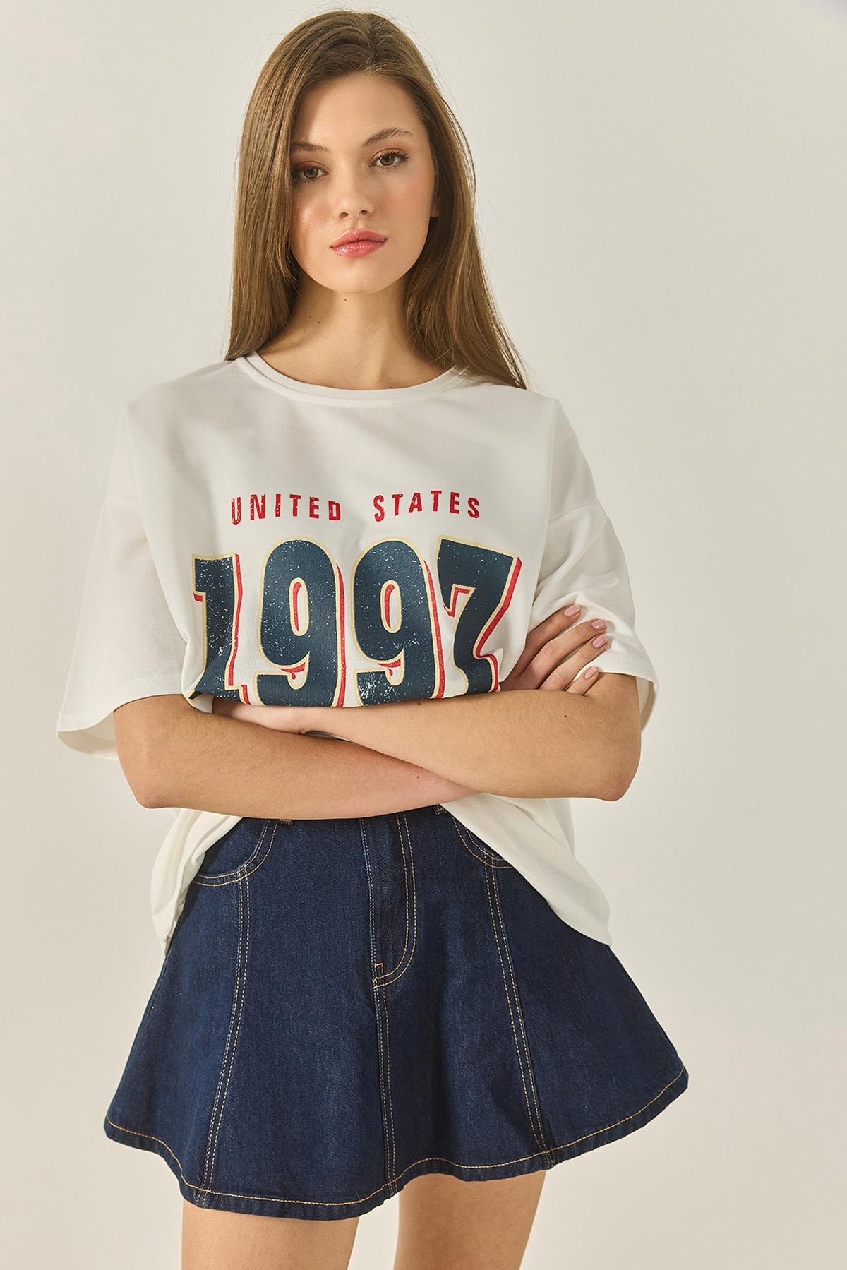 1997 Baskılı Pamuklu Oversize T-Shirt 3056 60284048 - Beyaz