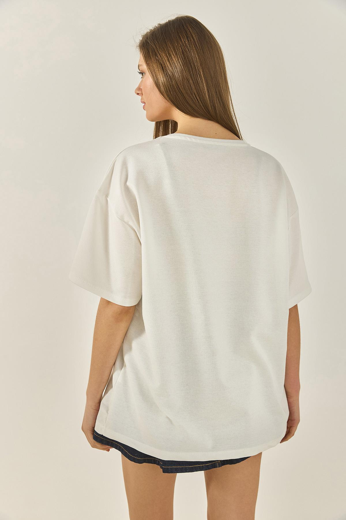 1997 Baskılı Pamuklu Oversize T-Shirt 3056 60284048 - Beyaz