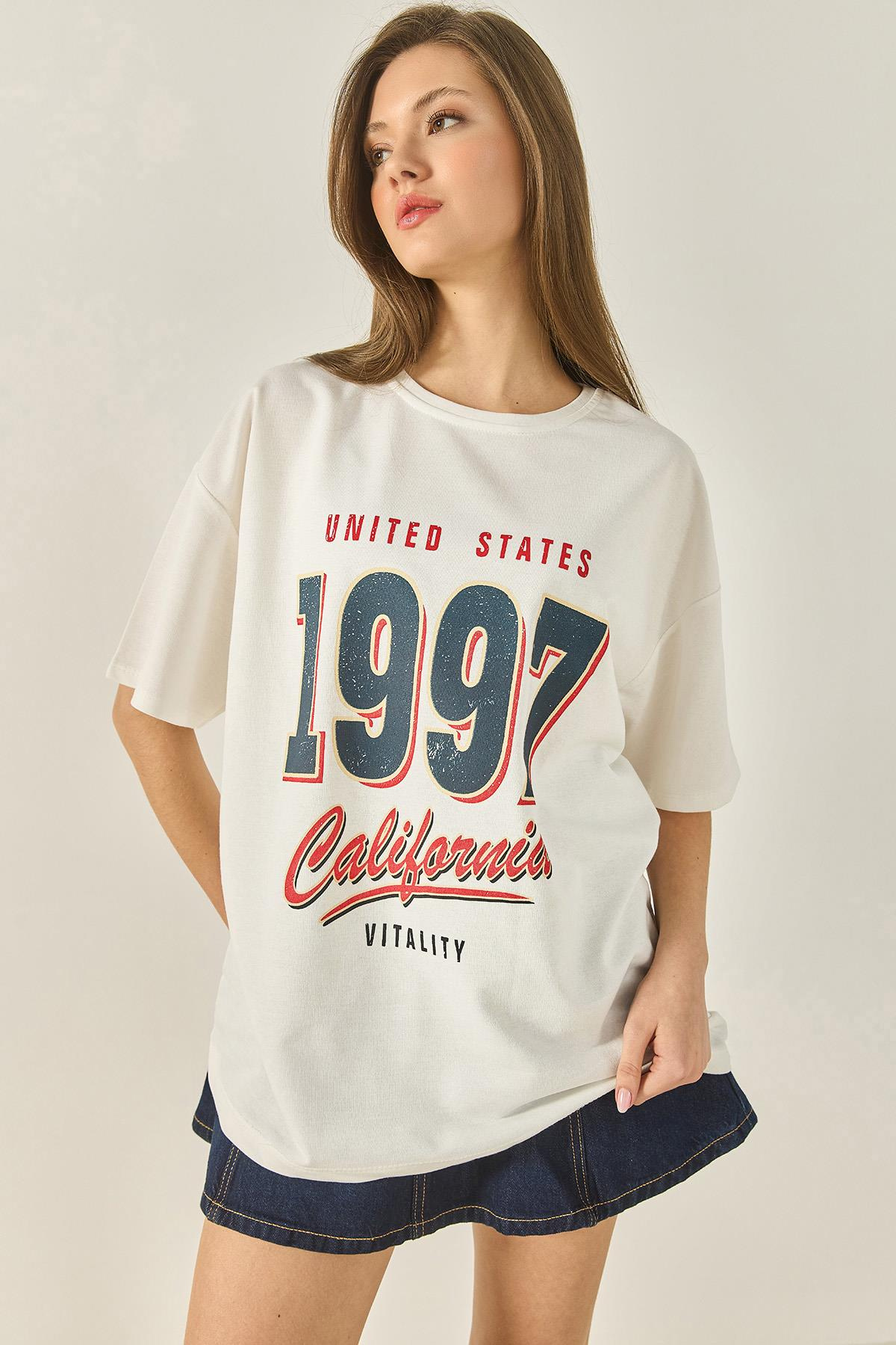 1997 Baskılı Pamuklu Oversize T-Shirt 3056 60284048 - Beyaz