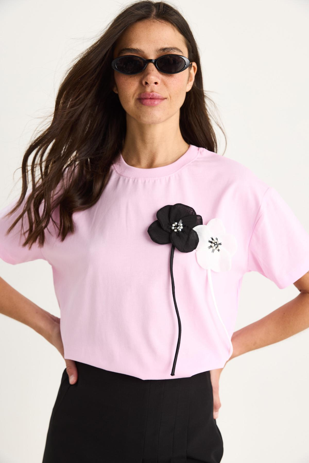 Aksesuarlı Kısa Kollu Pamuklu T-Shirt 60602041 - Pembe