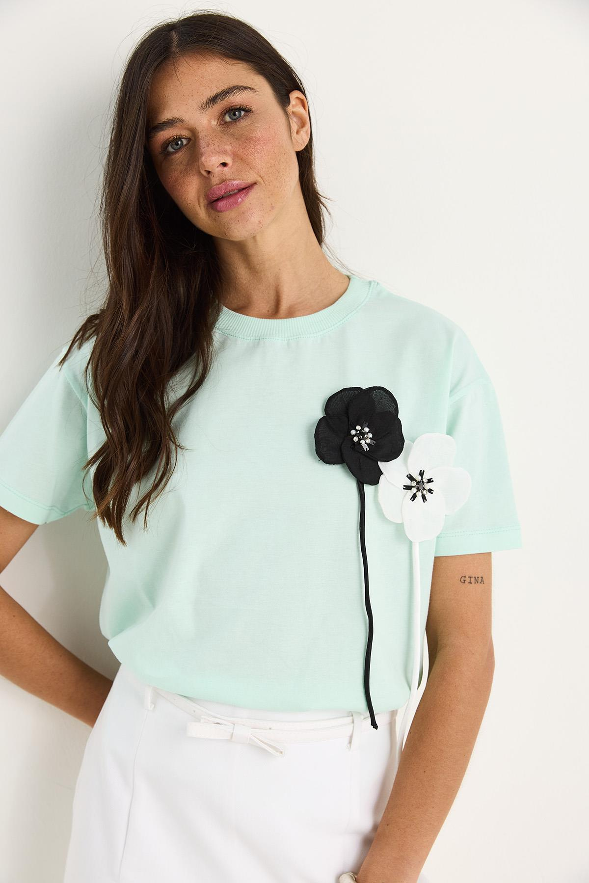 Aksesuarlı Kısa Kollu Pamuklu T-Shirt 60602041 - Mint Yeşili