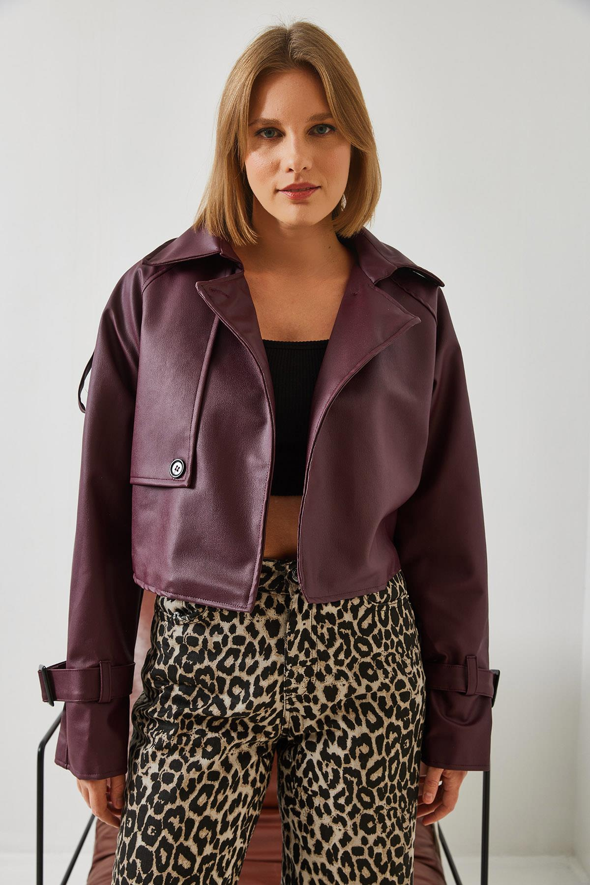 Aller Detay Crop Deri Ceket 2607 60351263 - Bordo