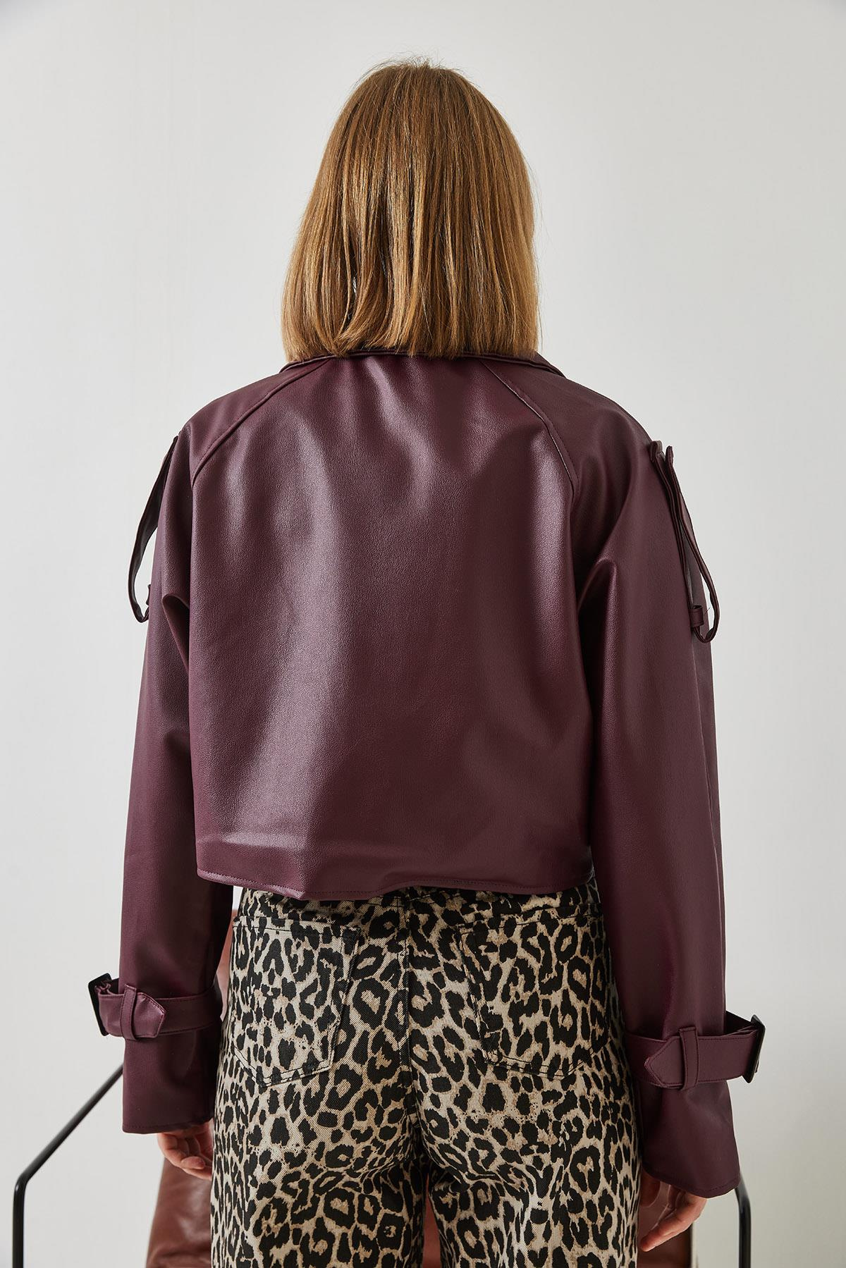 Aller Detay Crop Deri Ceket 2607 60351263 - Bordo