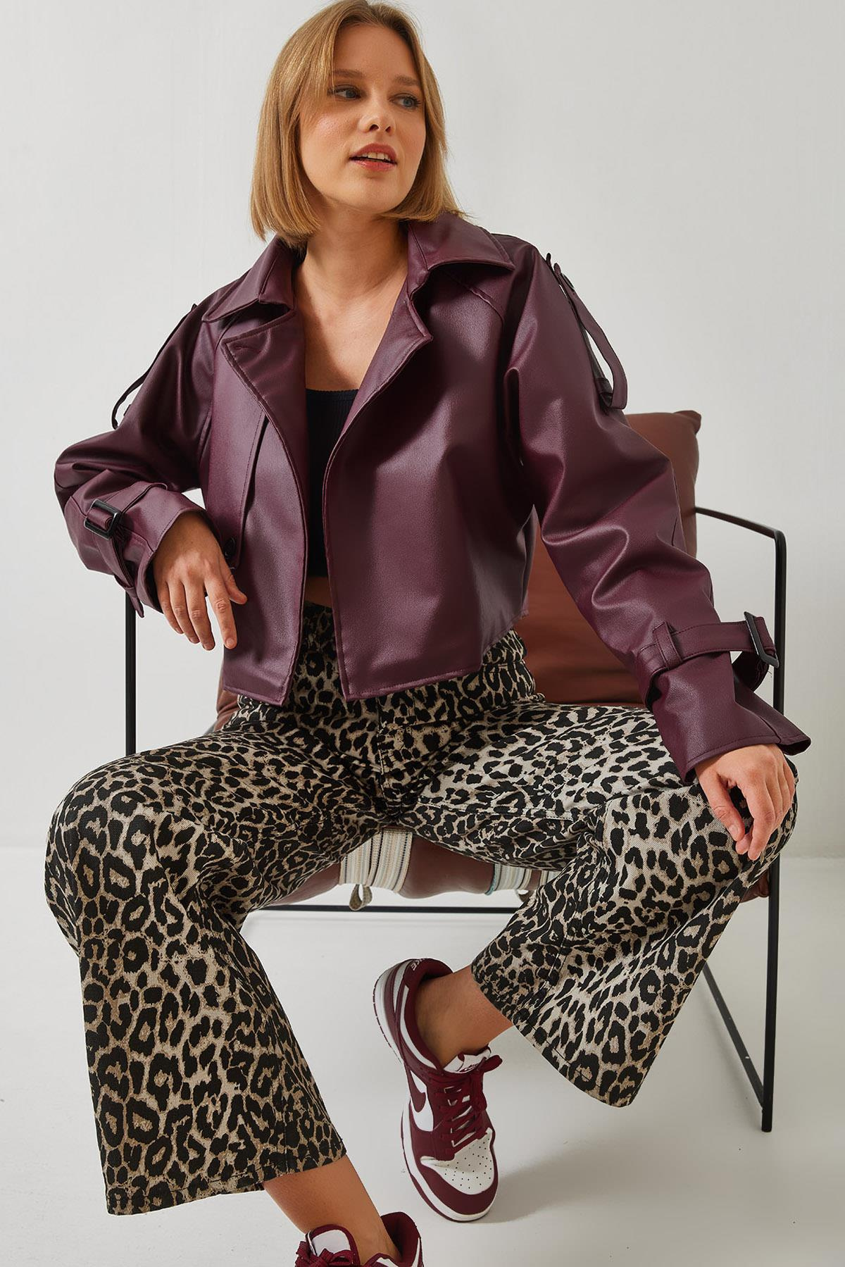 Aller Detay Crop Deri Ceket 2607 60351263 - Bordo