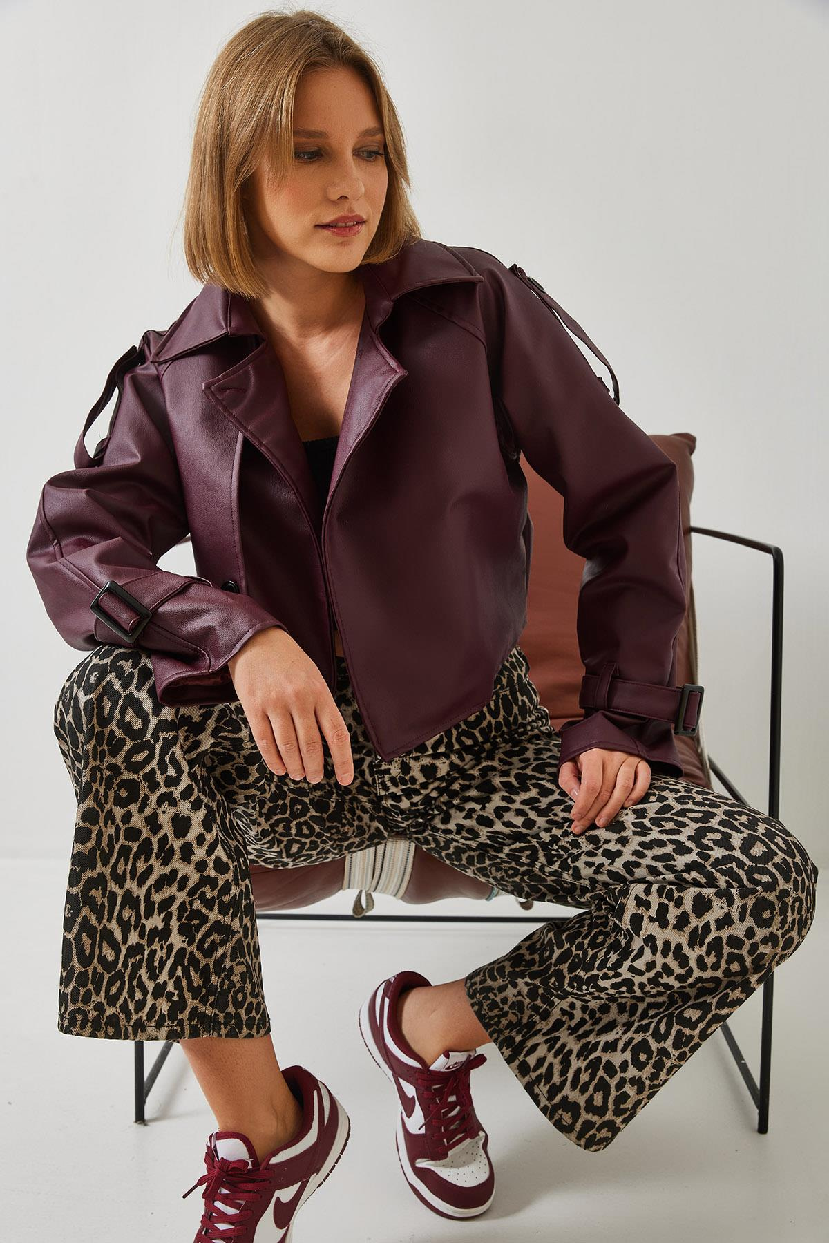 Aller Detay Crop Deri Ceket 2607 60351263 - Bordo