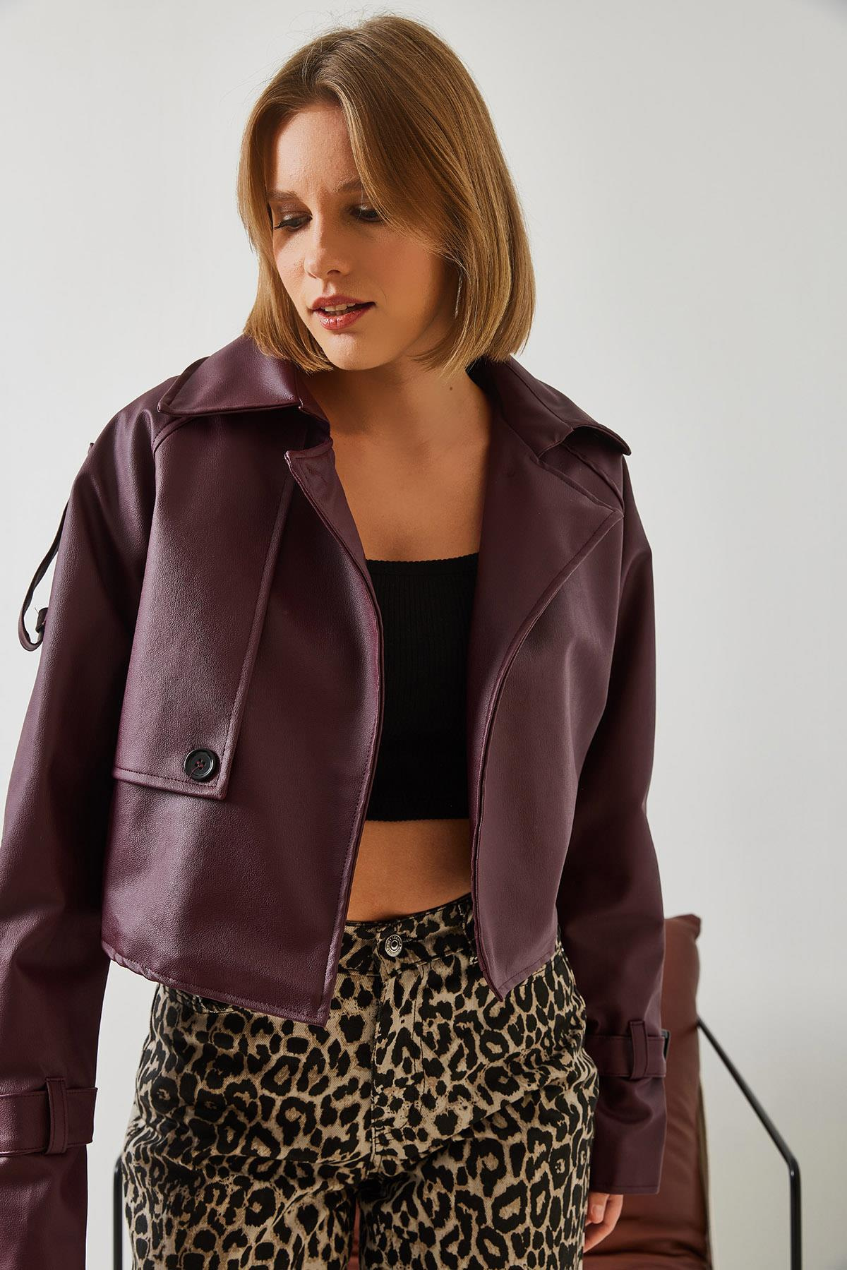Aller Detay Crop Deri Ceket 2607 60351263 - Bordo